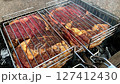 Grilled meat on the grill. Beef steaks are grilled on the grill. 127412430