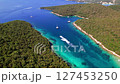 Sivota - stunning aerial drone video of turquoise sea known as Blue Lagoon and unique beach Bella Vraka. Epirus, Greece. 4k hd video drone view 127453250