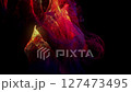 The particles cascade and intertwine, forming fluid, smoke-like structures that glow with intense shades of red, orange, yellow, and subtle hints of purple. 127473495