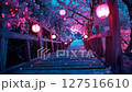 Enchanting night, wooden bridge over the lake with cherry blossoms and lanterns, dreamy forest 127516610