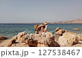 A young woman sits on a stone by the sea and reads a book. She has a straw sunhat. The clear blue water and rocky beach create a tranquil atmosphere.  127538467