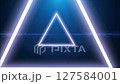 Futuristic Glowing Triangle Pulsating with Neon Light Against Deep Blue Background. 127584001
