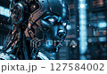 Futuristic AI Robot Head with Glowing Circuits and Holographic Data Streams. 127584002