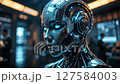 Futuristic AI Robot Head with Glowing Circuits and Holographic Data. 127584003