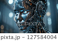 Futuristic Robot Head with Glowing Neural Circuits and Expressive Eyes High-Tech Design in Dark Sci-Fi Environment. 127584004