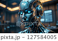 Futuristic Robot Head with Glowing Neural Circuits and Expressive Eyes High-Tech Sci-Fi Design in Dark Illuminated Environment 127584005