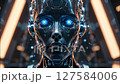 Futuristic Robot Head with Glowing Neural Circuits and Intelligent Eyes High-Tech Design in Dark Sci-Fi Environment 127584006