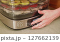 Woman adjusting settings on a food dehydrator filled with various sliced fruits and vegetables 127662139