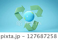 3D render of Earth encircled by a green recycle symbol on a blue background 127687258