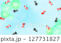 Goldfish swimming in a pond and lotus leaves. Cool Japanese summer scenery. Watercolor ripples. Summer greeting card (143) 127731827