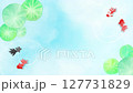 Goldfish swimming in a pond and lotus leaves. Cool Japanese summer scenery. Watercolor ripples. Summer greeting card (143) 127731829