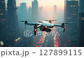 Drone Flying Over Modern Cityscape at Sunset Aerial View 4K 127899115