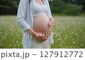 A pregnant woman taking a deep breath in a refreshing grassland and stroking her belly with affection 127912772
