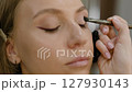 Applying eyeshadow to eyelids. Makeup artist applying eyeshadow to model eyelids 127930143