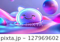 Kawaii emoticon with a happy expression floating on colorful neon and abstract waves 127969602