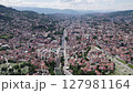 Aerial: dense cityscape with river, Sarajevo, Bosnia and Herzegovina	 127981164