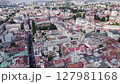 Multicultural city Sarajevo catholic, orthodox church, aerial orbit cityscape	 127981168