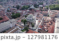 Aerial: Gazi Husrev-beg Mosque amidst Sarajevo's urban landscape. Bosnia	 127981176