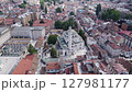 Muslim mosque with minaret in balkan city Sarajevo, scenic aerial orbit	 127981177