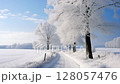 Winter Road Through Frosted Trees Scene 128057476