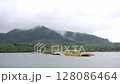 Scenic Tropical Public Ferry Dock with Misty Mountains 128086464
