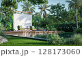 3D animation render of a tropical garden retreat with clear pool 128173060