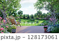 3D animation render of a tranquil garden with a wooden deck 128173061