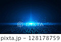 Features an abstract representation of digital circuitry extending into a futuristic horizon. Bright blue lines, resembling illuminated pathways on a microchip 128178759