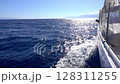 Sunny Path on Water and Sea Foam from Under the Yacht. Slow Motion 128311255