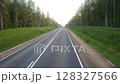 Recording the movement on the phone. The passenger's view of the smooth, beautiful road through the forest 128327566