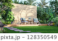 3D animation render of a tropical garden lounge with wooden chairs 128350549