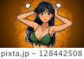 Young woman in a green bikini looks confused against a vibrant background in a cartoon style art piece 128442508