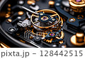 Intricate details of a mechanical watch movement showcasing craftsmanship and precision engineering in close-up view 128442515