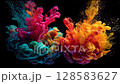 A dynamic explosion of colorful ink clouds - turquoise, magenta, and orange - merges against a black background, creating a captivating abstract scene filled with energy and movement. 128583627