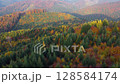 Gorgeous colorful autumn in the mountains. Aerial shot of red and yellow autumn trees, foggy mountains and warm morning sun. UHD, 4K. 128584174