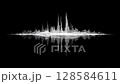 A minimalistic soundwave appears as a misty, white waveform gently reflected on a glossy black surface, evoking a sense of calm, silence, and the poetic beauty of audio visualization. 128584611