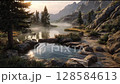 A serene hot spring pool nestles among rocks and pines in a mountain valley at sunrise, with mist rising from the water and forested peaks in the background. Peaceful, untouched natural beauty. 128584613