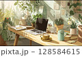 A cozy, sun-drenched workspace filled with lush green plants, a laptop on a wooden desk, coffee, books, and artful details, creating a perfect balance of productivity and tranquility. 128584615