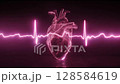 A glowing pink anatomical heart pulses at the center, surrounded by a vibrant heartbeat waveform on a dark background, symbolizing life, energy, and the rhythm of existence. 128584619
