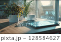 A sunlit workspace with a laptop, cup of coffee, and potted plants on a wooden desk. The environment blends natural light, greenery, and technology, creating a calm, productive atmosphere. 128584627