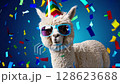 Sad alpaca with party hat and blue sunglasses on blue background with confetti 128623688