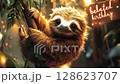 Cute sloth hanging on a tree branch in a glowing jungle, smiling at the camera. A wooden sign with fairy lights reads belated birthday. Whimsical and adorable greeting card 128623707
