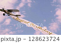 small vintage-style airplane flies gracefully across a pastel blue sky. Behind it, a long soft white banner flutters in the wind with golden letters that read Magical Birthday 128623724
