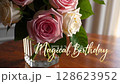 Happy Birthday Greeting Card Bouquet With Roses On Wooden Table	 128623952