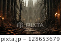 Ruins of a Gothic Cathedral in a Haunted Forest 128653679