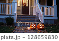 The entrance porch is enveloped in the tranquility of autumn. 128659830