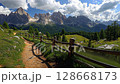 scenic mountain path through lush valley with wooden fence and alpine 128668173