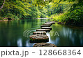 peaceful stone pathway across a serene river in lush forest 128668364