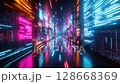 neon cityscape tunnel vibrant digital lines futuristic corridor data streams 128668369