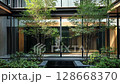 modern courtyard home with lush greenery and glass walls 128668370